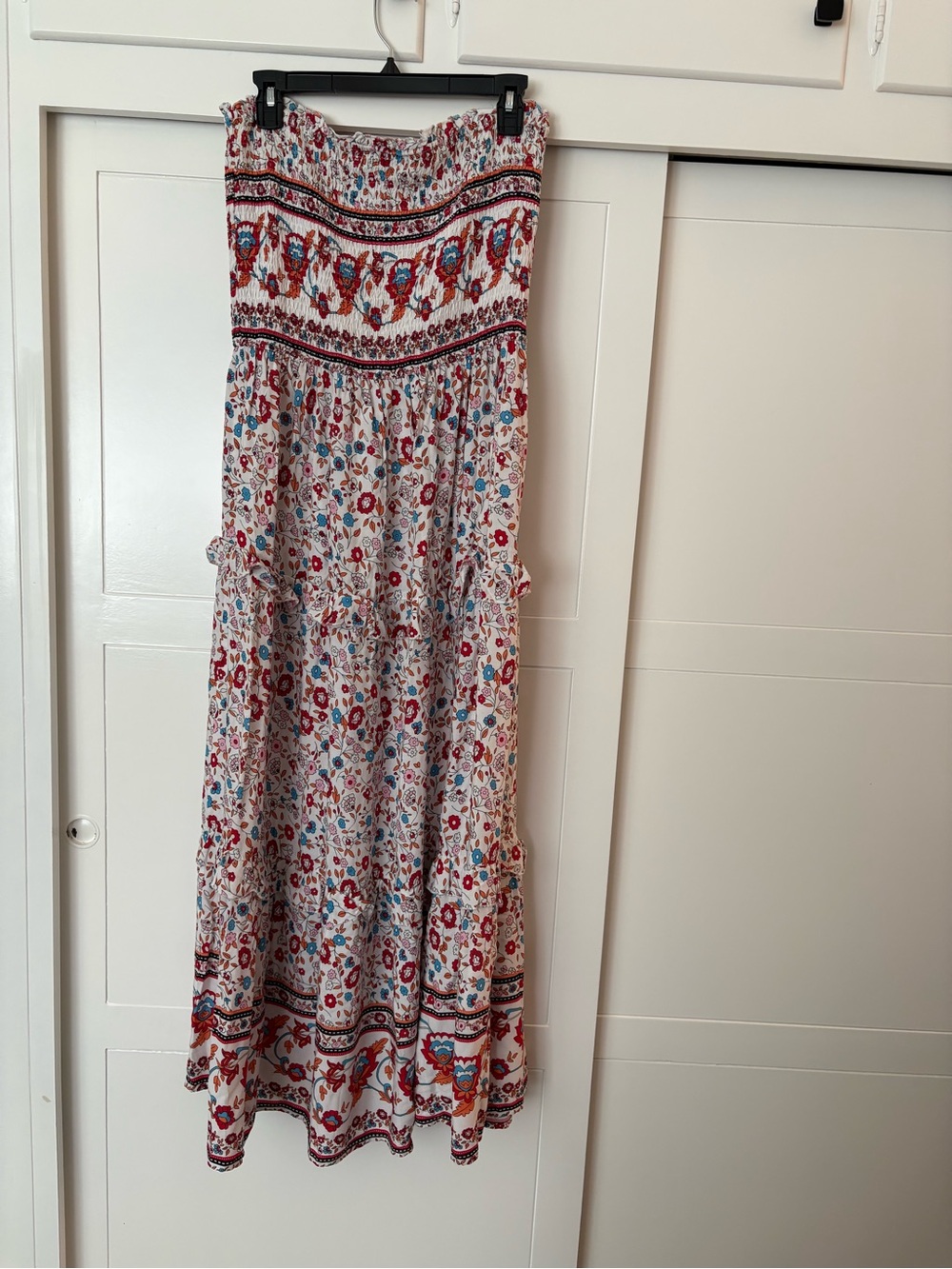 Strapless Floral Maxi Dress in White with Red & Blue Print XL